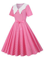 Vestido midi elegante informal para mujer con lunares, cuello Peter Pan, cintura alta y corte en A - details 2