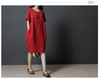Novedad de verano, vestido holgado de talla grande para mujer, Color sólido, informal, adelgazante, algodón, lino, manga corta de longitud media - details 6
