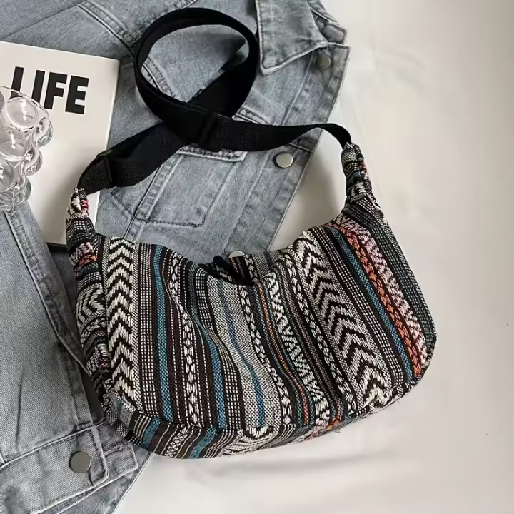 Bolso de Hombro Estilo Tribal Cruzado Plegable con Cierre de Cremallera Diseño a Rayas - 1