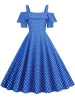 Vestido de fiesta Vintage elegante con hombros descubiertos, vestidos Midi de verano con lunares y volantes para mujer - details 30