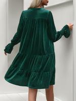 Otoño e Invierno suelto Color sólido con cuello en V vestidos de manga larga para mujer nuevo en elegante Retro Casual Midi vestido femenino - details 6
