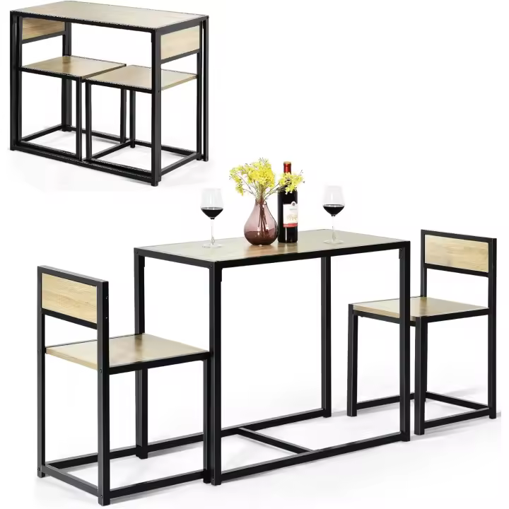 3 Piezas, 1 Mesa de Comedor con 2 Sillas, Conjunto de Comedor Pequeño para 2 Personas, Diseño Ahorro Espacio, Juego de Bistró para Bar, Balcón (Natural) - 1