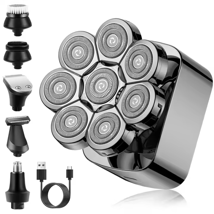 Afeitadoras eléctricas 9D para hombres calvos, afeitadoras de cabeza calva desmontables para hombres, kit de aseo para hombres 5 en 1, pantalla LED húmeda/seca, bloqueo de viaje inalámbrico recargable, maquinilla de afeitar eléctrica para hombres con - 1