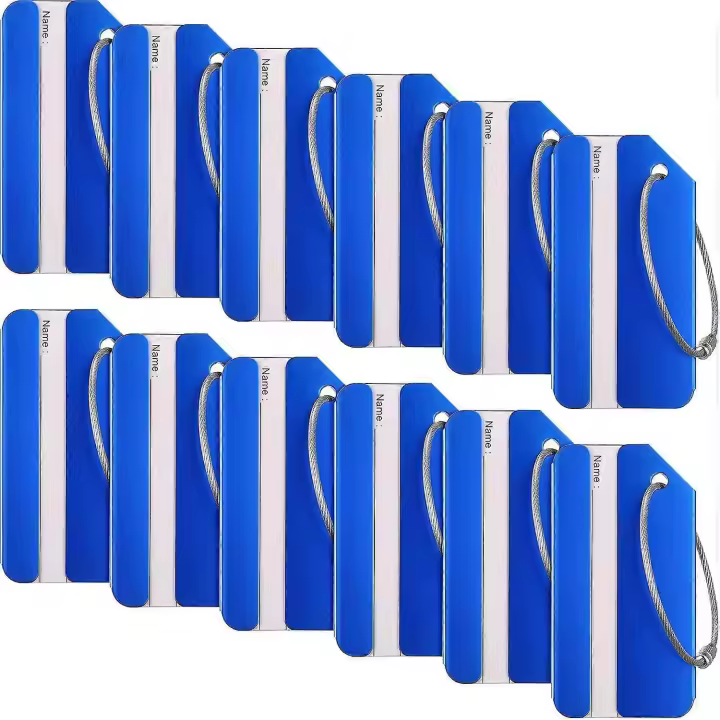 12 etiquetas de equipaje para tarjetas de visita, etiqueta de bolsa de identificación de viaje de metal de aluminio para maletas, identificador de equipaje de viaje (azul) - 1