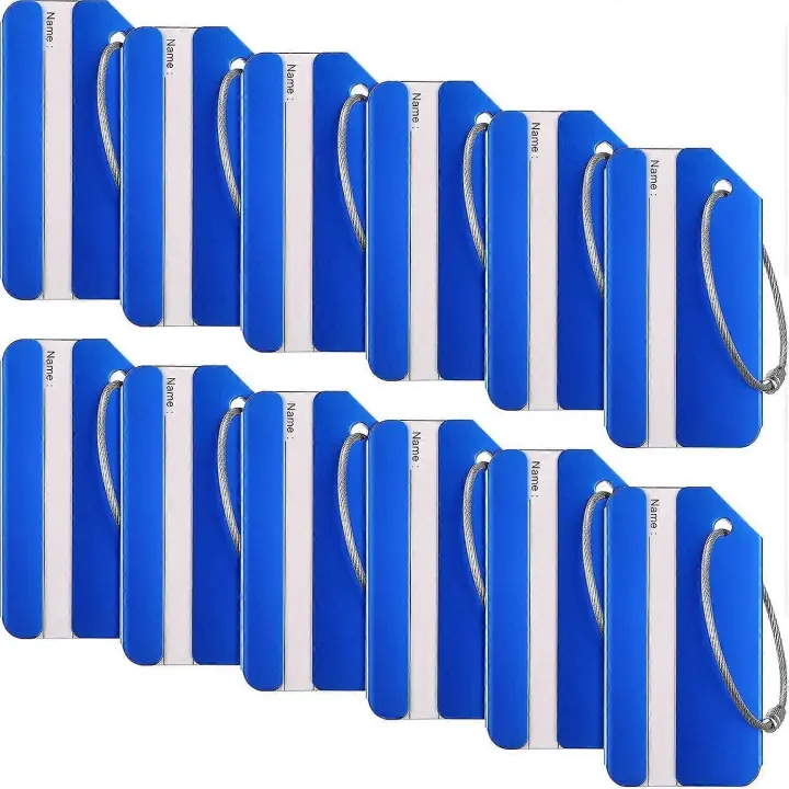 12 etiquetas de equipaje para tarjetas de visita, etiqueta de bolsa de identificación de viaje de metal de aluminio para maletas, identificador de equipaje de viaje (azul) - 1