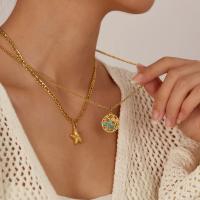 Collar con colgante de estrella de mar de doble capa – Gargantilla de acero inoxidable con perlas huecas y piedra natural para mujer - details 8