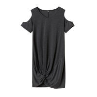 Vestido de manga corta para mujer, camiseta retorcida con hombros descubiertos, Color sólido, verano europeo y americano, primavera y verano - details 9