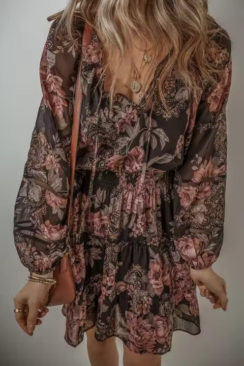 Elrachen Vestido vintage floral con manga abullonada y cuello en V para mujer, negro, tallas S-XL - 1