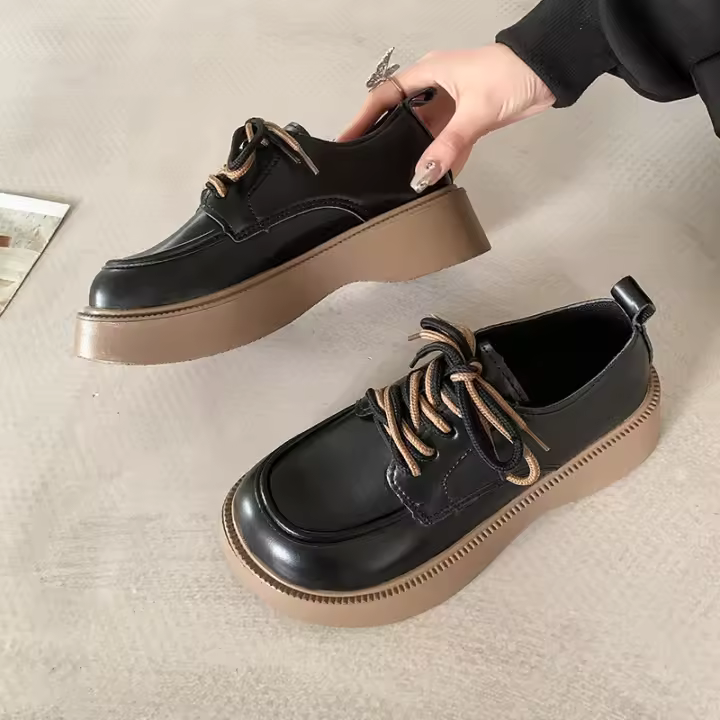 Nuevo estilo universitario con cordones dobles y cordones con falda pequeña, zapatos de plataforma de cuero, zapatos individuales. - 1
