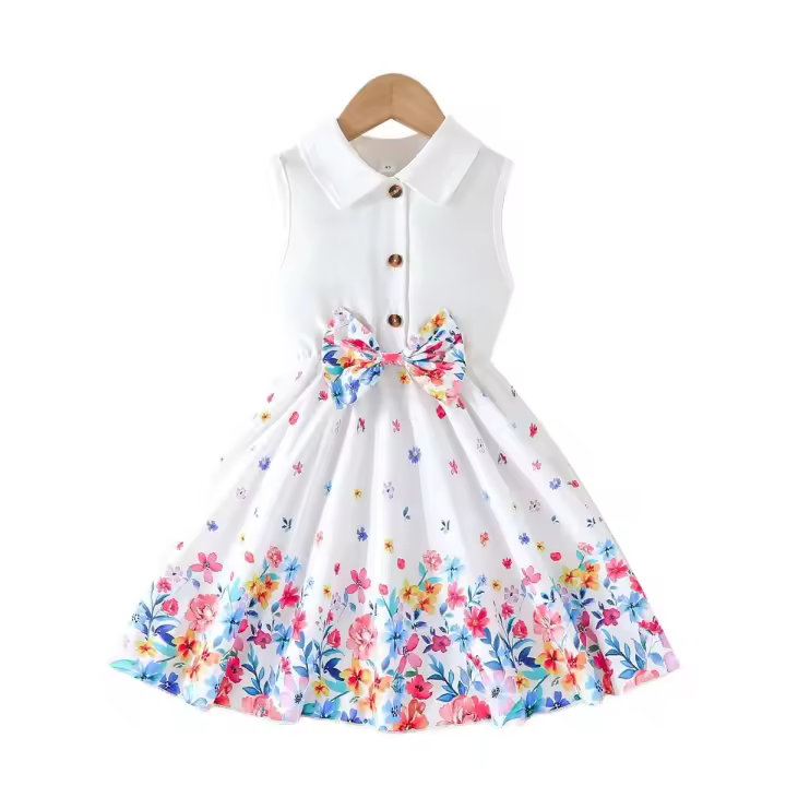 Vestido Niños De 4 A 8 Años, Vestidos De Princesa Con Botones Y Encaje Floral Sin Mangas Cumpleaños, Ootd Para Niña - 1
