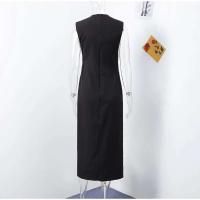 Vestidos elegantes lisos de un solo pecho con cuello redondo sin mangas y bolsillos vestido a media pierna ajustado para oficina para mujer verano 2025 - details 1