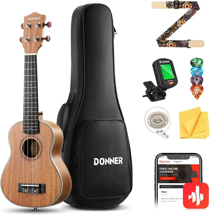 Profesional - Donner Kit de Ukelele Caoba de 23 pulgadas para Principiantes Adultos Niños, Ukele con Lecciones en línea Bolsa Aquila String Pick Tuner Correa de Tela, DUC-200B Azul - 1