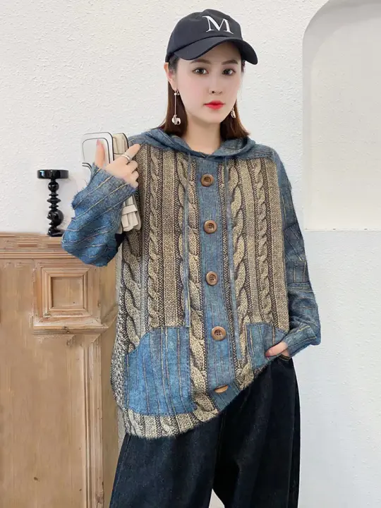 Jersey de moda británica para mujer, suéteres holgados de lujo con capucha a rayas, jerséis Vintage cálidos de ocio, talla grande, Invierno - 1