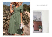 Vestido de verano de longitud media para mujer, vestido de color liso con cuello en V y manga corta - details 15