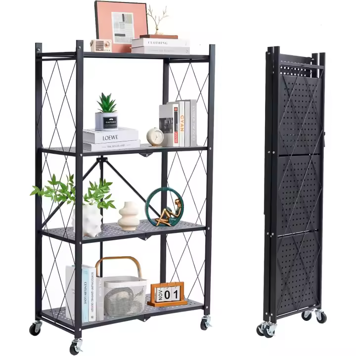 Estantería Plegable de Metal Negro 4 Niveles Carga Pesada Ideal para Cocina, Oficina, Garaje - 1