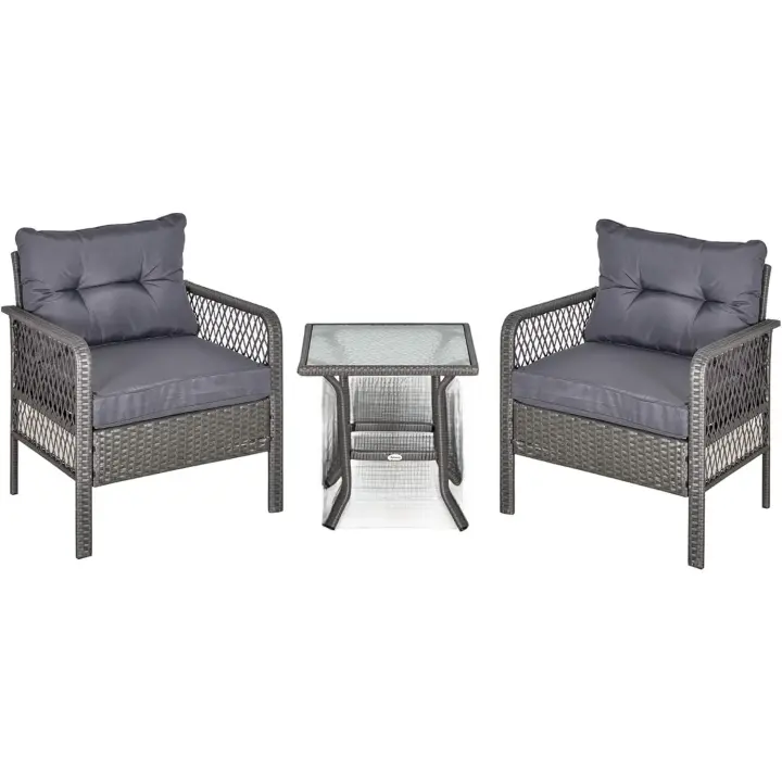 Muebles de Ratán para Jardín 3 Piezas: Sillones y Mesa de Vidrio Templado - 1