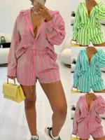 Conjunto de Pantalones Cortos de Verano 2024 Estampado a Rayas Camisas de Manga Larga - details 1