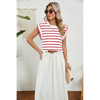 BUNO-2025 Tops para mujer, pantalón corto informal de moda de verano, camisetas básicas con textura a rayas de Color sólido y cuello redondo - details 69