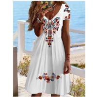 Vestido informal de verano de manga corta con cuello en V para mujer, vestido elegante hasta la rodilla con estampado Floral Vintage 3D, S-3XL - details 3