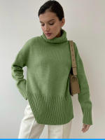 Suéter con cuello de tortuga para mujer, jersey básico de punto con abertura, holgado e informal, suave y cálido, otoño e invier - details 2