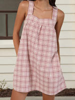 Maemukilabe Vestido de mujer vintage a cuadros sin mangas con cuello cuadrado y espalda descubierta, minivestido holgado de verano con bolsillos - details 3