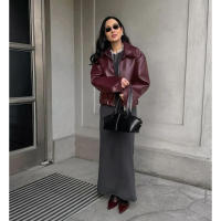 Abrigo grueso de piel sintética para mujer, ropa de calle de color rojo vino con solapa y cremallera, Túnica para otoño, 2024 - details 12
