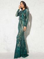 Vestido de fiesta modesto y elegante de noche con lentejuelas elásticas de manga larga hasta el suelo con cuello redondo - details 6