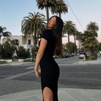 BUNO-Vestido largo de oficina para mujer, de manga corta con cuello vuelto traje elegante, abertura lateral y botón, moldeador de cuerpo, moda de calle - details 7