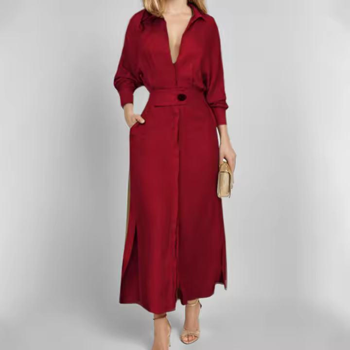 Vestido Verano 2025 Nuevo con Cuello Camisero, Estilo Diosa Fan, Manga Larga y Falda Media Longitudinal - 1