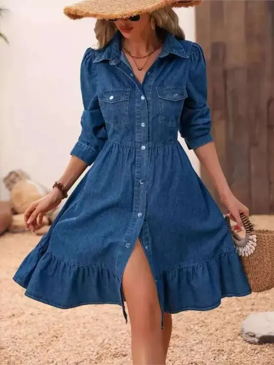 Camisa Elegante de Denim Azul con Volantes Moda de Verano 2021 para Mujeres Estilo Casual - 1