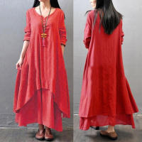 Anself primavera moda mujer Casual vestido suelto Color sólido manga larga vestidos de mujer de gran tamaño talla grande Boho largo Maxi vestido - details 3
