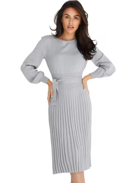 Vestido Midi de ganchillo con cuello redondo para mujer, vestido plisado, elástico, suelto, estético, Otoño e Invierno - 1