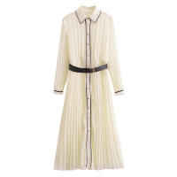 OUWU- Nueva ropa de primavera para mujer, solapa recortada de manga larga en color francés contrastante y vestido plisado con cinturón - details 1