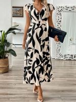 Vestido con borde de volantes y cuello en V estampado a la moda de verano 2025 para mujer - details 2