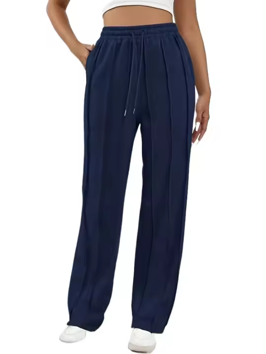 Pantalones deportivos de cintura elástica de pierna ancha para mujer, pantalones rectos grises para estiramientos cómodos - 1