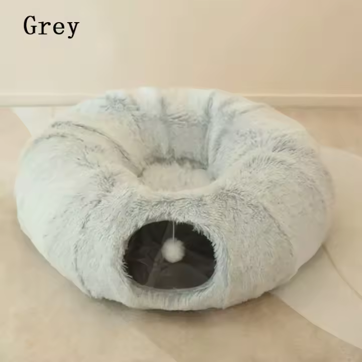 Cama redonda 2 en 1 para gato, túnel divertido para gato, juguete suave de felpa larga para perro pequeño, cesta para gatitos, perrera para dormir profundamente - 1