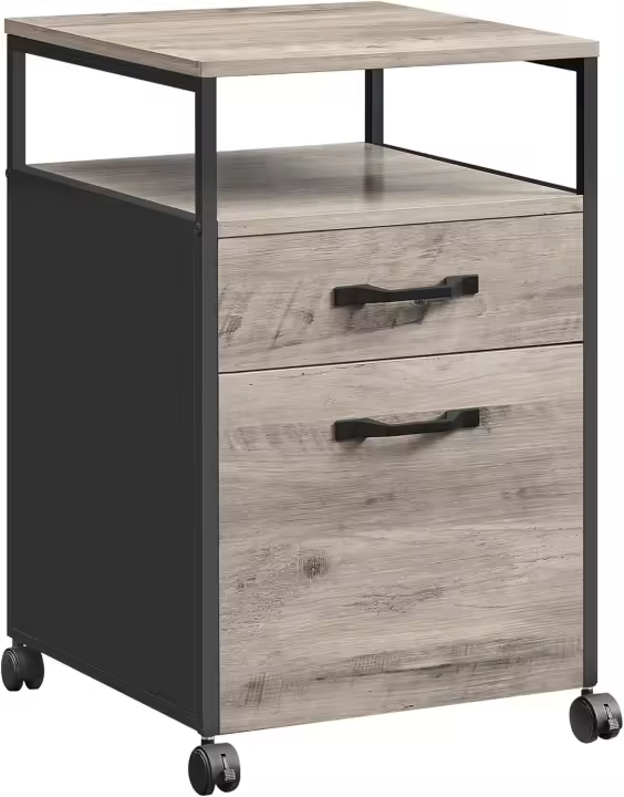 Archivador Móvil con 2 Cajones, Archivador de Oficina con Ruedas, Compartimento Abierto, Marco de Acero, Estilo Industrial, Marrón Rústico y Negro Tinta OFC71X - 1