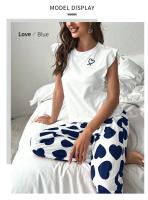 Conjunto De Pijama Para Mujer Estampado De Corazón Camiseta Corta Y Pantalones Largos Ropa De Dormir Estilo Casual De Verano Y Otoño - details 4