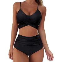 Conjunto de bikini para mujer, sexy de cintura alta, 2 piezas, traje de baño brasileño plano/RAL plisado TRE, cruzado frontal, 12 colores, 2024 - details 7
