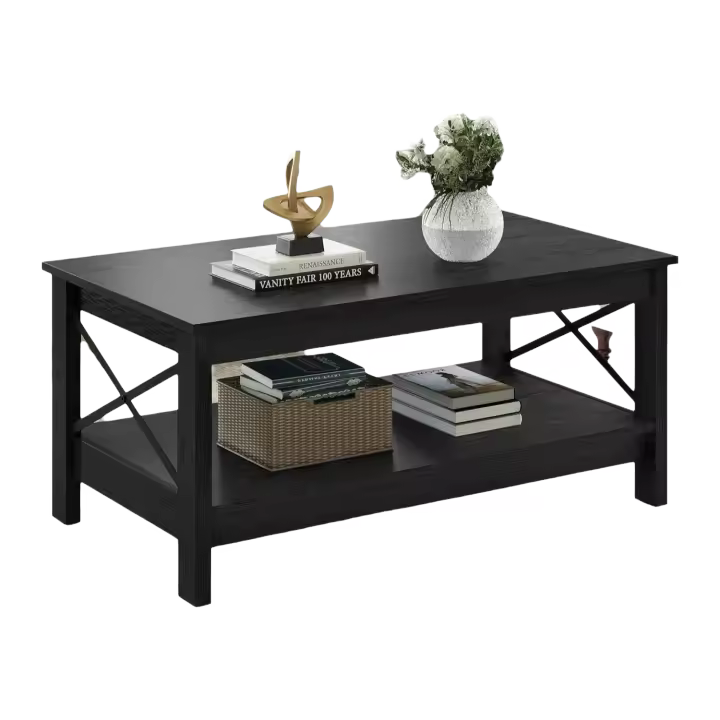 Mesa de Centro Negra con Estante de Almacenamiento, Mesas de Centro Modernas en Forma de X para Sala de Estar, pequeña Mesa de Centro de cóctel de Madera más Gruesa de 2 Niveles - 1