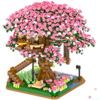 Bloques de construcción para niños, casa del árbol, juguete de ladrillos, tren, flor de cerezo, color rosa, modelo - details 0