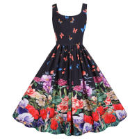 Women vintage spaghetti strap floral print high waist elegant sleeveless a-line party midi dress - details 27
