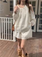Blusa de verano a cuadros extragrande 2024 para niñas, traje de mujer, camisa de manga larga, pantalones de pierna ancha de cintura alta, trajes de dos piezas con pantalones cortos - details 24