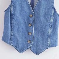 Chaqueta Sin Mangas de Denim Azul de Moda Collantillo en Línea Retro con Cuello en V - details 4