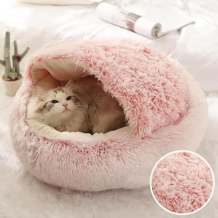 Cojín redondo de felpa larga para mascotas, Cama Gato, casa para gatos, 2 en 1, Invierno - 1
