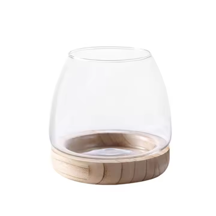 Tanque de cubo de madera Circular redondo decorativo con Base de madera, pecera de vidrio transparente, macetero de vidrio Simple, jarrón hidropónico - 1