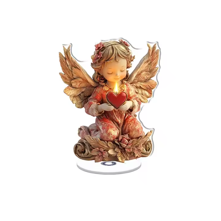 Una escultura acrílica giratoria de un hermoso candelabro de ángel con tonos rojos y dorados, vela brillante y motivos florales, perfecta para el Día de la Madre. - 1