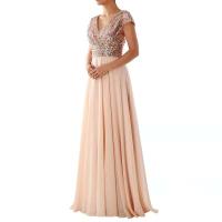 2022 nueva moda mujer señora fiesta de noche lentejuelas cuello en V largo novia sirena sin mangas A-line cola Maxi vestido - details 3