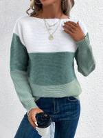 Elegant Three-color Patchwork Sweater Women Daily Commuter Casual Loose Jumpers Female Autumn Winter Knitted Thickened Warm Tops - details 16