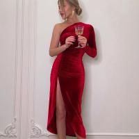 Vestido Bodycon De Veludo Elegante Para Mujer Con Abertura Lateral Manga Larga Para Fiesta Noche Primavera Otoño Vestido Midi Ajustado - details 1